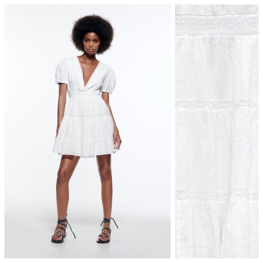 NWT. Zara White Cotton Mini Dress with Lace Details. Size S.